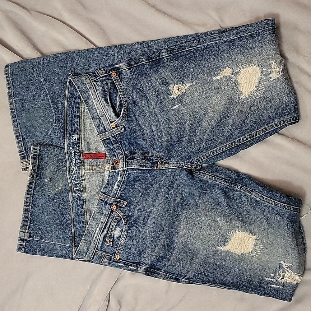 Vintage, Guess Foxy Flare Leg, distressed dark wash denim, Size 27
